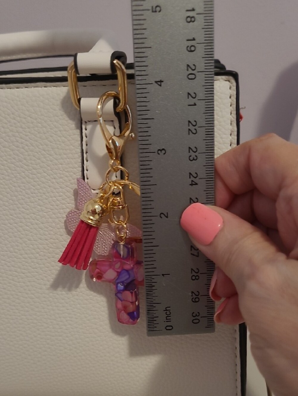 Pink Purple Marbled Cross Keychain with Butterfly & Tassel - Picture 3 of 3